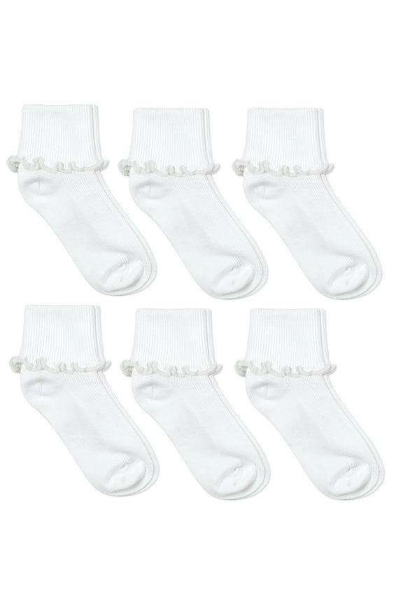 Girls Seamless Ripple Ruffle Lace Trim School Uniform Turn Cuff Socks 6 Pair Pack