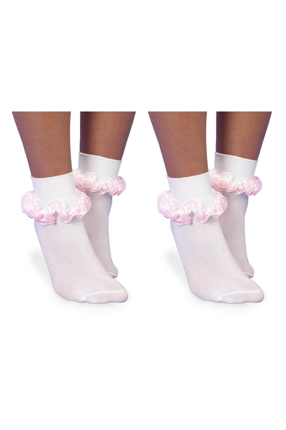 Girls Seamless Sheer Ribbon Tutu Trim Turn Cuff Socks 2 Pair Pack