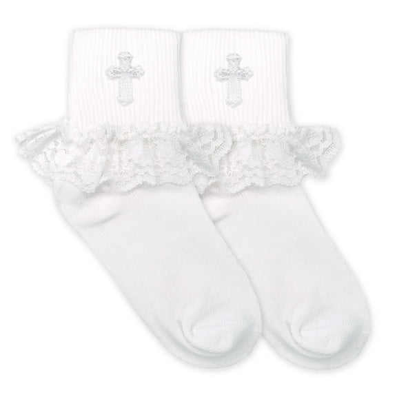 Jefferies Socks Girls Socks, 1 Pair First Holy Communion Lace Trim Cross Turn Cuff Socks (Little Girls & Big Girls)