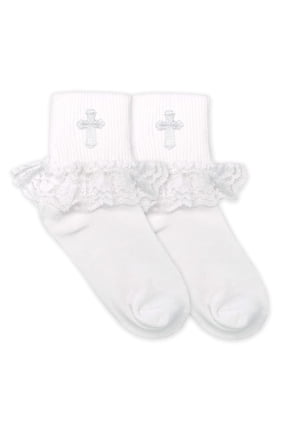 Girls Socks, 1 Pair First Holy Communion Lace Trim Cross Turn Cuff Socks (Little Girls & Big Girls)