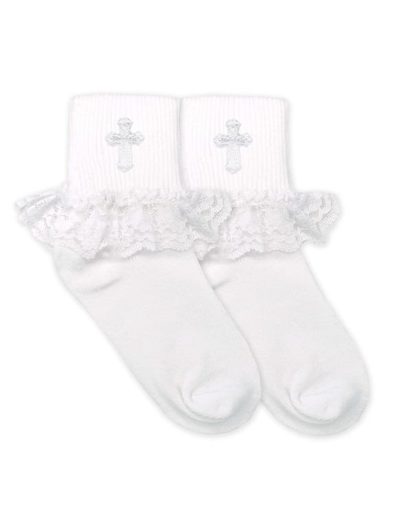 Girls Socks, 1 Pair First Holy Communion Lace Trim Cross Turn Cuff Socks (Little Girls & Big Girls)