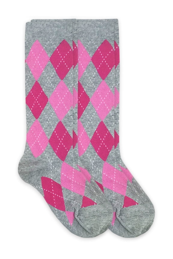 Girls Socks, 2 Pack Argyle Pattern Dress Knee High Size Toddler and XS - M