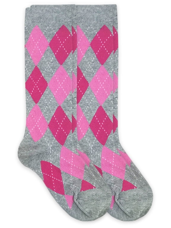 Girls Socks, 2 Pack Argyle Pattern Dress Knee High Size Toddler and XS - M