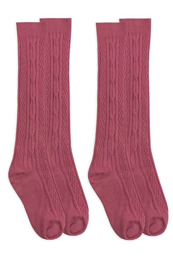 Girls Socks, 2 Pack Fashion Cable Knit Knee High Sizes Toddler and XS - M