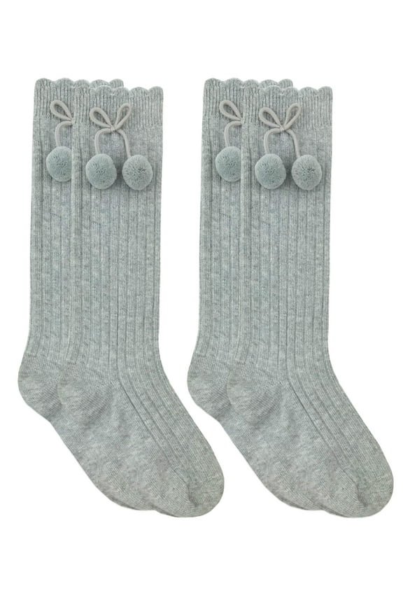 Girls Socks, 2 Pack Knee-High Pom Pom Bow Rib Cotton, Sizes S-L