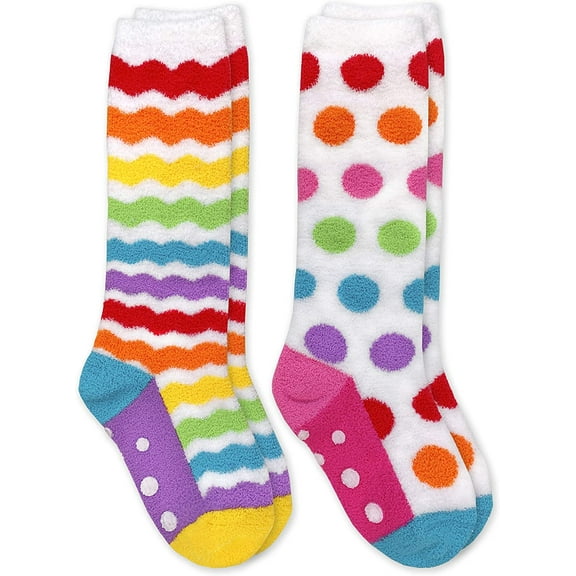 Jefferies Socks Girls Socks, 2 Pack Rainbow Stripe Polka Dot Fuzzy Slipper Knee High Socks with Grippers (Little Girls & Big Girls)