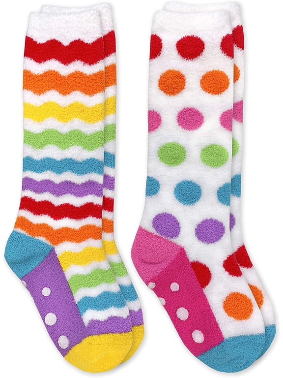 Girls Socks, 2 Pack Rainbow Stripe Polka Dot Fuzzy Slipper Knee High Socks with Grippers (Little Girls & Big Girls)