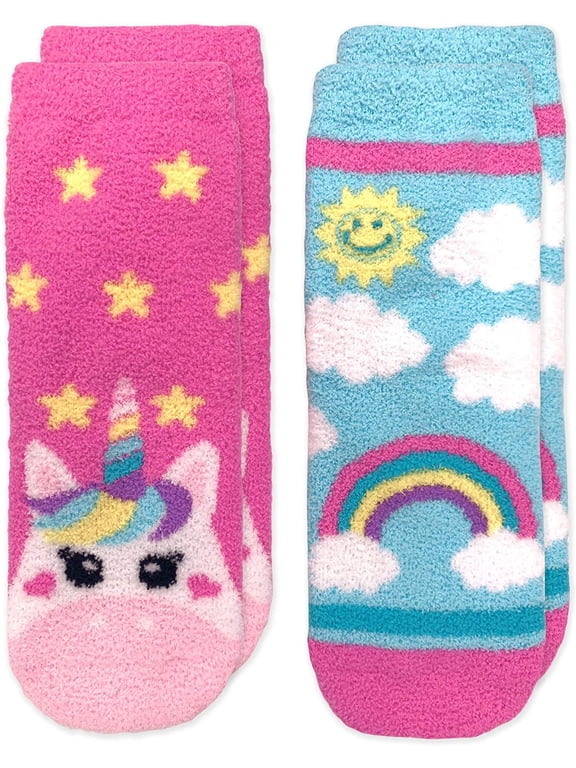 Girls Socks, 2 Pack Unicorn Rainbow Fuzzy Slipper Socks with Grippers (Little Girls & Big Girls)