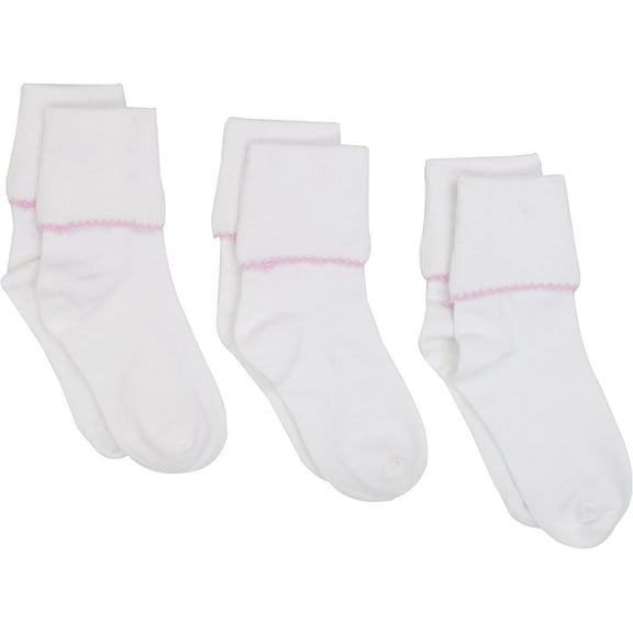 Jefferies Socks Girls Socks, 3 Pack White Cotton Cute Novelty Trim Turn Cuff Fold Over Seamless Socks (Little Girls & Big Girls)