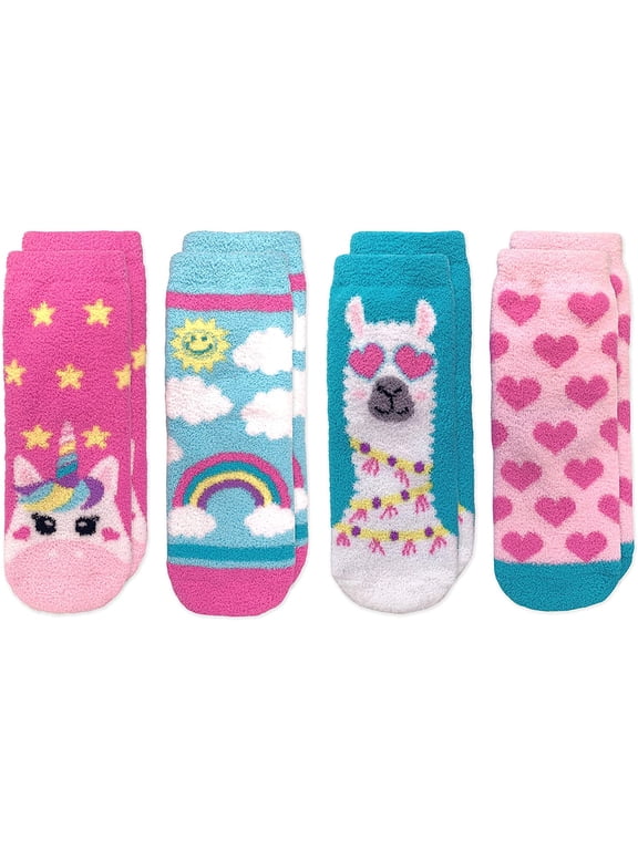 Girls Socks, 4 Pack Unicorn Rainbow Llama Hearts Fuzzy Slipper Socks with Grippers (Little Girls & Big Girls)