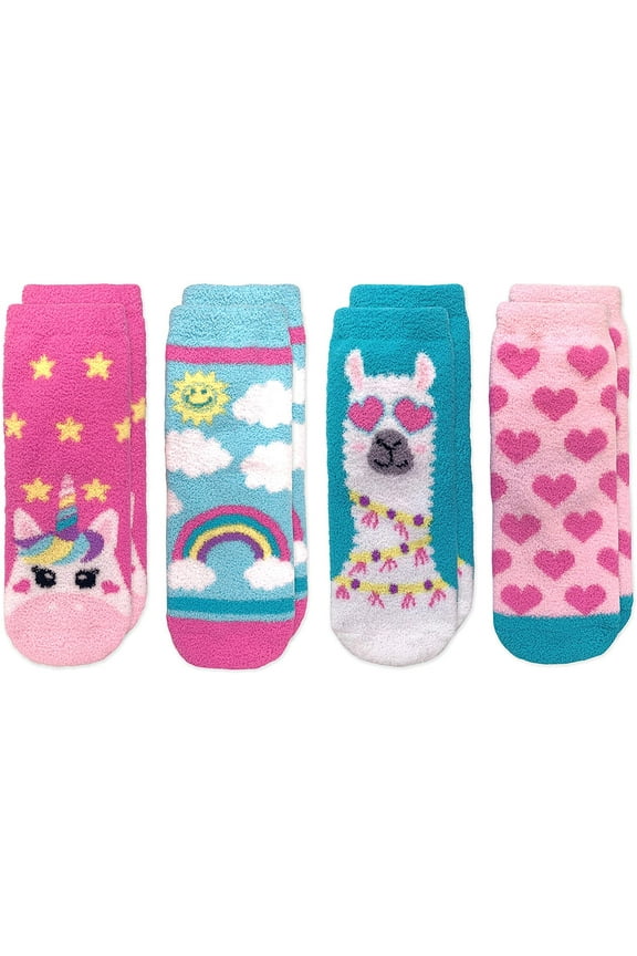 Girls Socks, 4 Pack Unicorn Rainbow Llama Hearts Fuzzy Slipper Socks with Grippers (Little Girls & Big Girls)