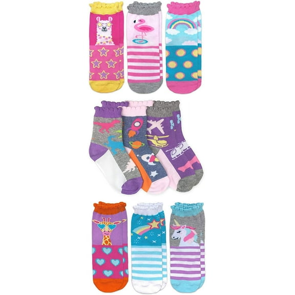 Jefferies Socks Girls Socks, 9 Pack Unicorn Rainbow Llama Giraffe Flamingo Fun Pattern Fashion Cotton Crew Socks (Little Girls & Big Girls)