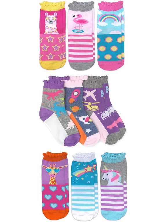 Girls Socks, 9 Pack Unicorn Rainbow Llama Giraffe Flamingo Fun Pattern Fashion Cotton Crew Socks (Little Girls & Big Girls)