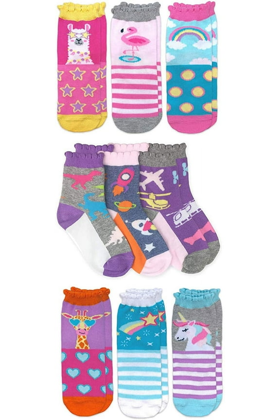Girls Socks, 9 Pack Unicorn Rainbow Llama Giraffe Flamingo Fun Pattern Fashion Cotton Crew Socks (Little Girls & Big Girls)
