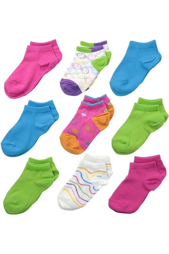 Girls Sport Pattern Solid Color Low Cut Liner Socks 9 Pair Pack