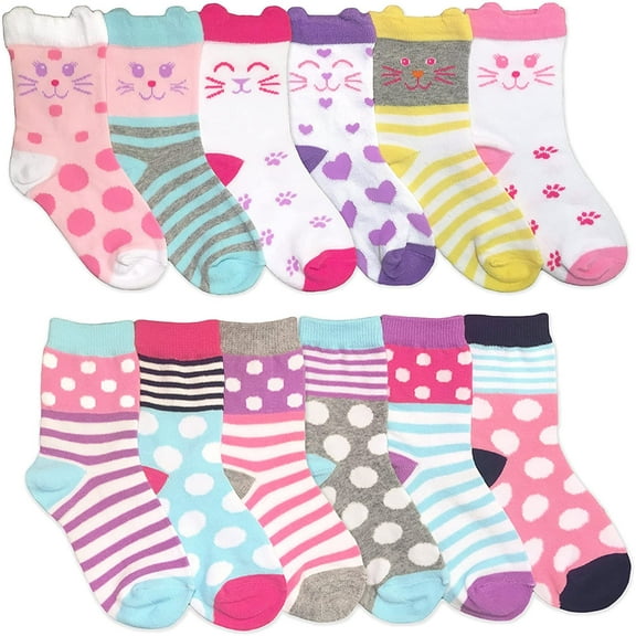 Jefferies Socks Girls Stripe Polka Dot Kitty Cat Pattern Variety Crew Socks 12 Pair Pack