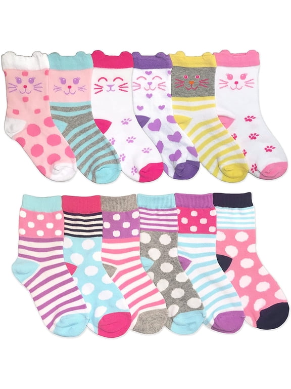 Girls Stripe Polka Dot Kitty Cat Pattern Variety Crew Socks 12 Pair Pack