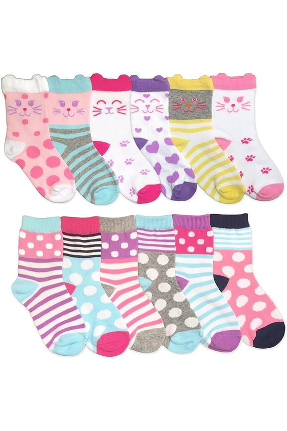Girls Stripe Polka Dot Kitty Cat Pattern Variety Crew Socks 12 Pair Pack