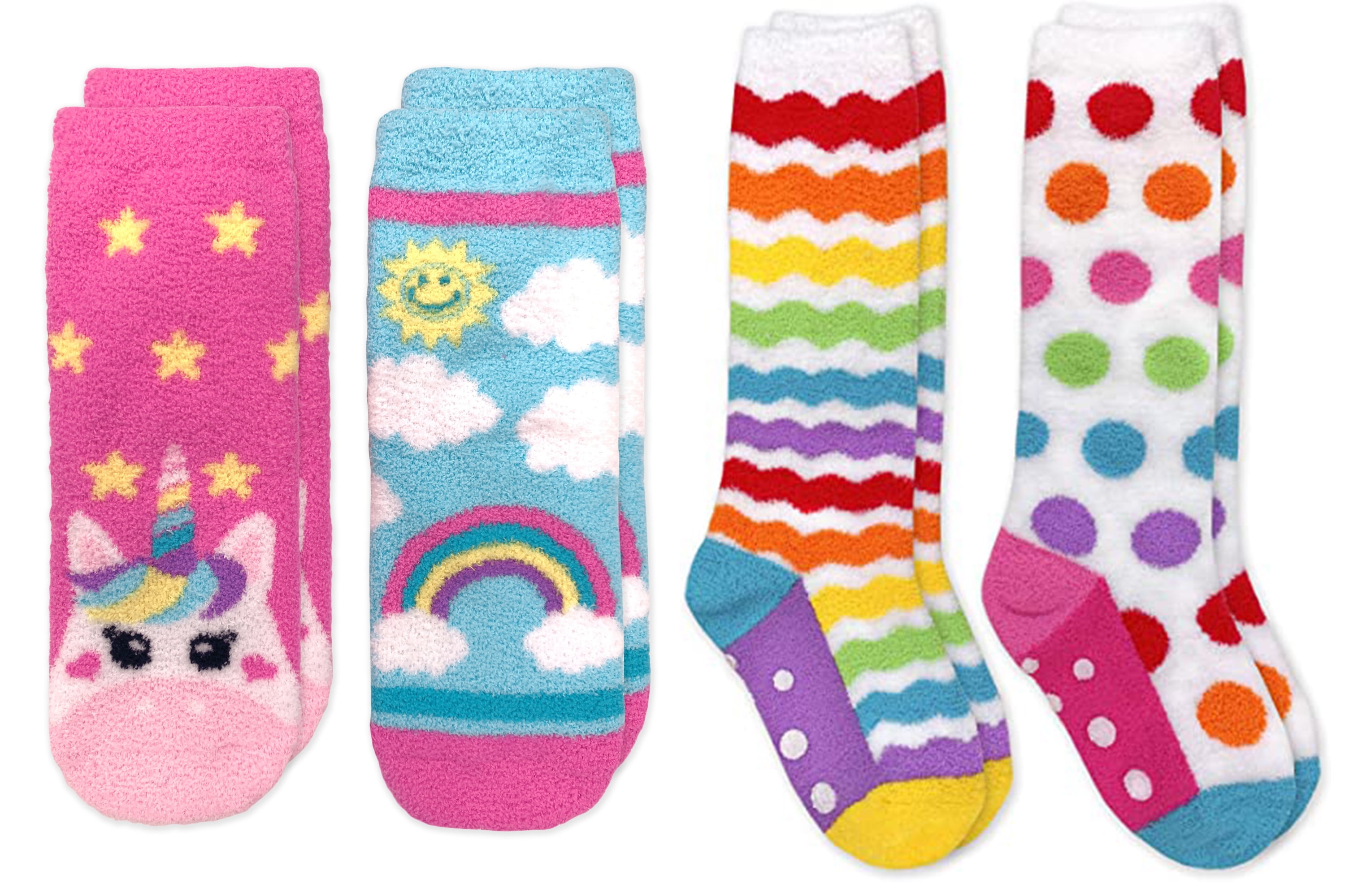 Jefferies Socks Girls Unicorn & Rainbow Dot Fuzzy NonSkid Slipper Socks 4 Pair Pack