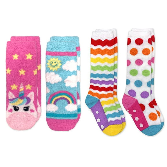 Jefferies Socks Girls Unicorn & Rainbow Dot Fuzzy Non-Skid Slipper Socks 4 Pair Pack