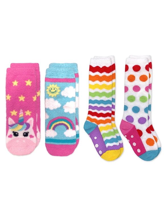 Girls Unicorn & Rainbow Dot Fuzzy Non-Skid Slipper Socks 4 Pair Pack