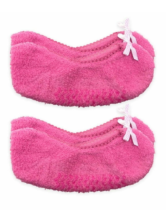 Girls Womens Fuzzy Slipper Bow Non-Slip Gripper Footie Socks 2 Pair Pack