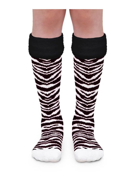 Girls Zebra Animal Print Fuzzy Trim Cuff Knee High Socks 1 Pair Pack