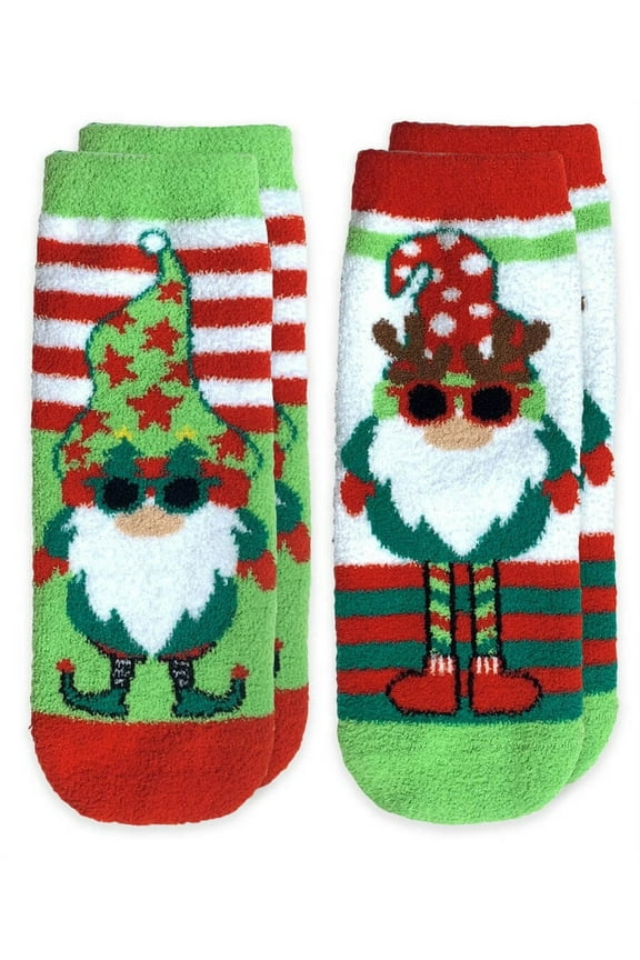 Holiday Gnome Pattern Christmas Fuzzy Slipper Socks 2 Pack