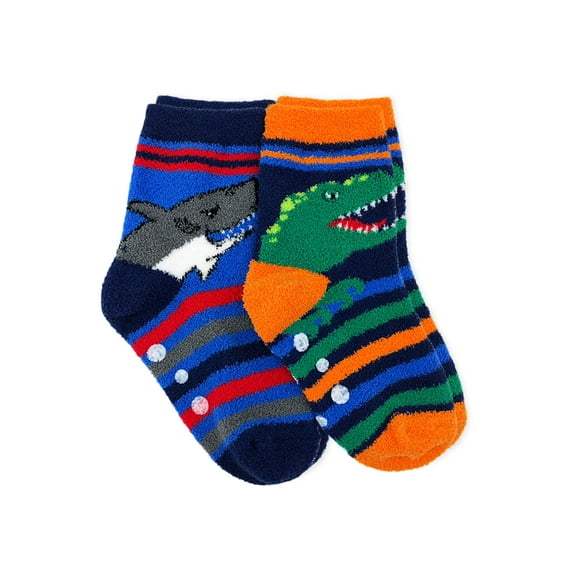 Jefferies Socks Kids Socks, 2 Pack Crew Non-Skid Fuzzy Shark Dinosaur Slipper Socks, Sizes XS-S