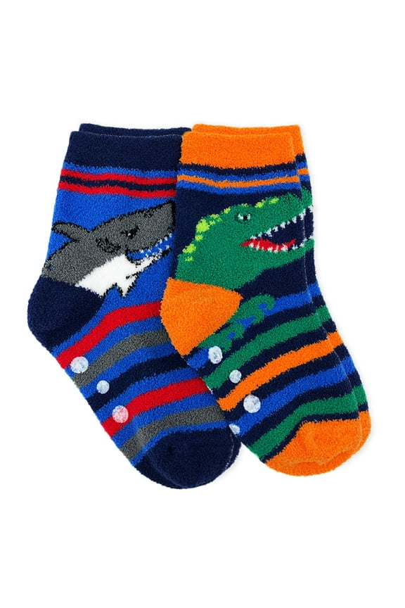 Kids Socks, 2 Pack Crew Non-Skid Fuzzy Shark Dinosaur Slipper Socks, Sizes XS-S