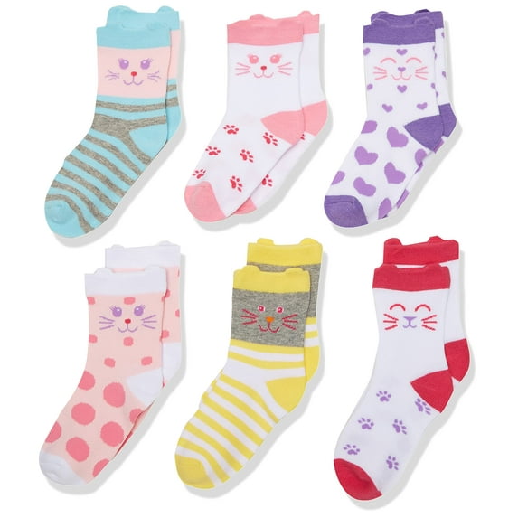 Jefferies Socks Little Girl's Novelty Cats Crew Socks 6 Pair Pack Sockshosiery, multi, Small
