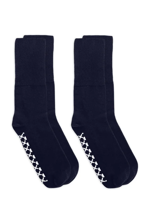 Men's Women's Non-Binding Seamless Non-Skid Gripper Cotton Crew Socks 2 Pair Pack