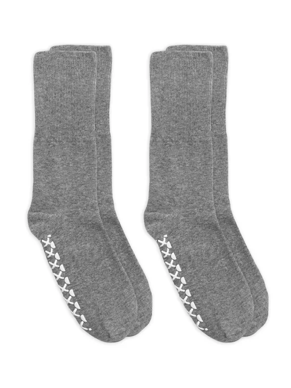 Men's Women's Non-Binding Seamless Non-Skid Gripper Cotton Crew Socks 2 Pair Pack