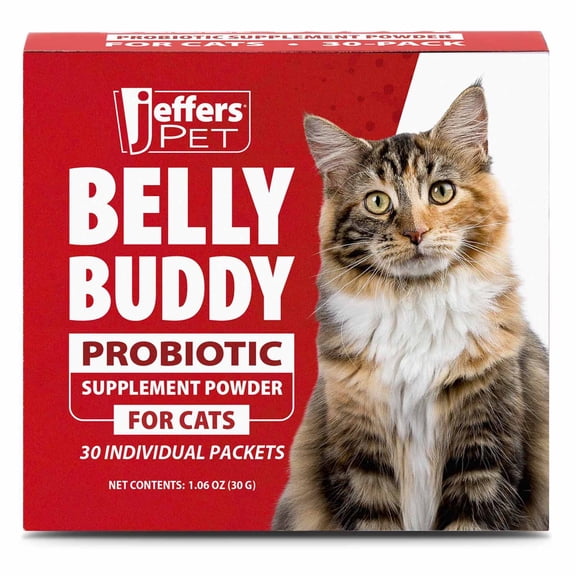 Jeffers BELLY BUDDY Cat Probiotic Powder Packets, 30 Count – 4 Probiotic Strains for Daily Digestion Support, Gut Health, Prebiotics, Fiber, Vitamins for Kittens & Adult Cats - Chicken Liver Flavor