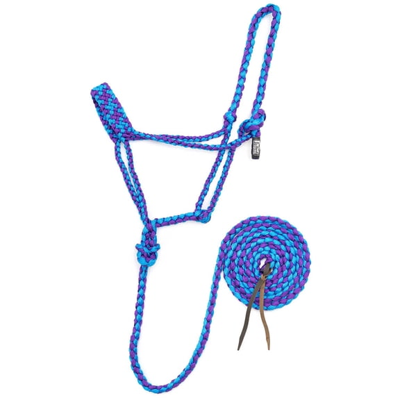 Jeffers Braided Mule Tape Halter with 10 ft Lead Rope for Horses 750–1200 lb - Full Size Adjustable Knot Horse Halter, Equestrian Training Tack for Riding, Western, Stable – Turquoise & Purple