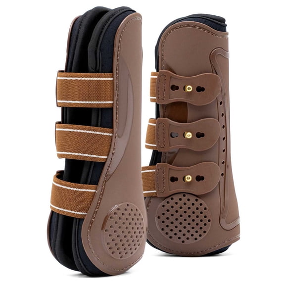 Jeffers Uniquely English Open Front Tendon for Horses, Pair, Medium - Ventilated Neoprene Horse Leg Protection for Tendons & High Impact Support, Jumping & Competition Riding Equine Boots - Brown