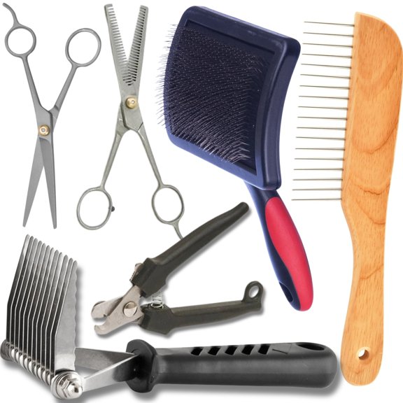 Jeffers Grooming Tools for Pets, 6pc Kit  Nail Clipper, Dematting Rake, Thinning Shears, Scissors, Comb & Brush  Pet Grooming for Dog, Cats, Poodle, Long Haired Breeds  Professional & Home Use