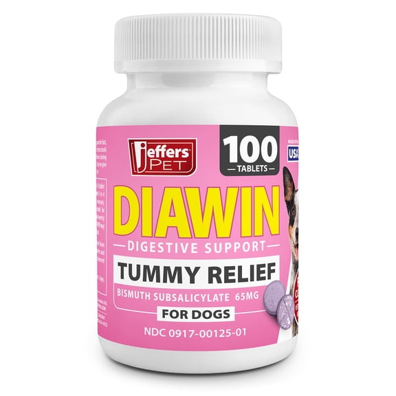 Jeffers Pet Diawin Dog Digestive Support Tablets, Veterinary Formulated, Bismuth Tummy Relief for Diarrhea for Dogs, Stool Firming, Gut Health, Made in USA - 100 Tablets
