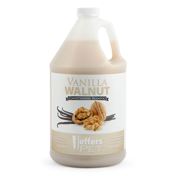Jeffers Pet Vanilla Walnut Conditioning Dog & Cat Shampoo, 128 oz - Exfoliating Grooming Wash, Coconut Based Soap Free Formula, Walnut Oil & Vanilla Extract, Vitamins A D E, Concentrated Coat Care