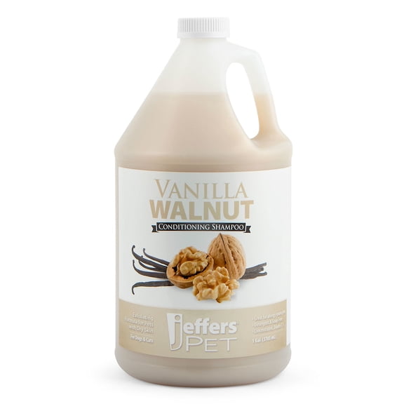 Jeffers Pet Vanilla Walnut Conditioning Dog & Cat Shampoo, 128 oz - Exfoliating Grooming Wash, Coconut Based Soap Free Formula, Walnut Oil & Vanilla Extract, Vitamins A D E, Concentrated Coat Care