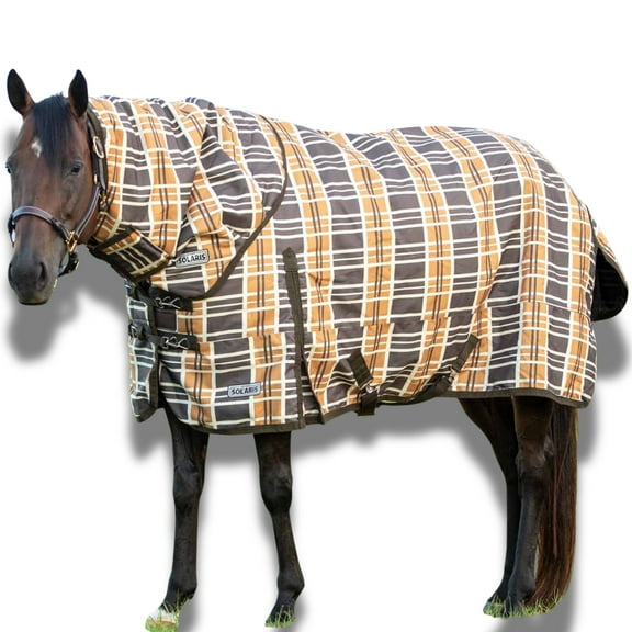 Jeffers Solaris 1200 Denier Turnout Blanket with Detachable Neck Rug - Brown & Cream Plaid 66" - Waterproof, Breathable Horse Blanket with 360g Polyfill, Ideal Protection for Winter, Heavyweight