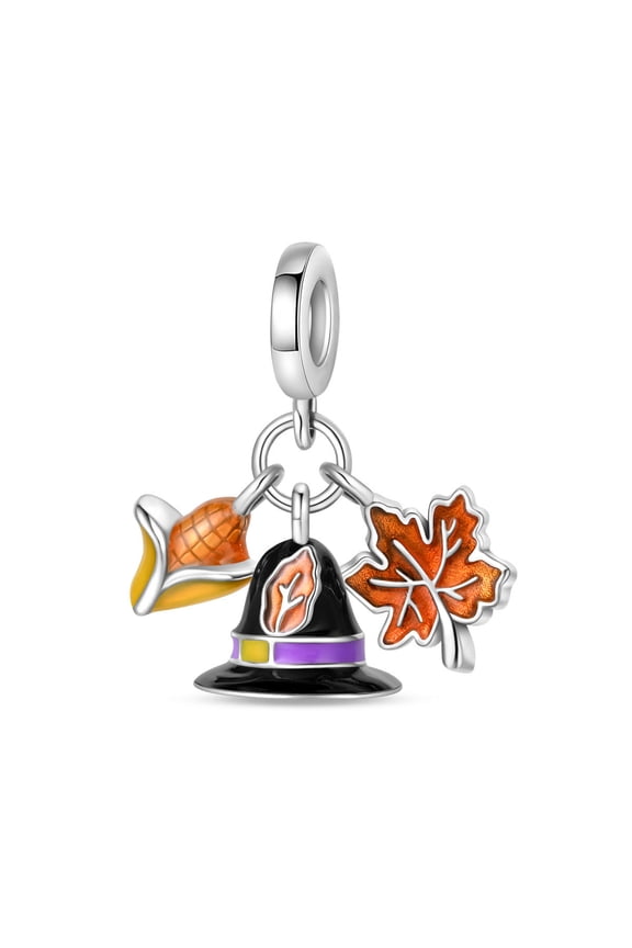 925 Sterling Silver Charm for Bracelets Autumn Animal Maple Leaf Bee Fruit Pumpkin Bead Pendant Clear Women Bracelet Charms,Corn& maple leaves&hats,Autumn