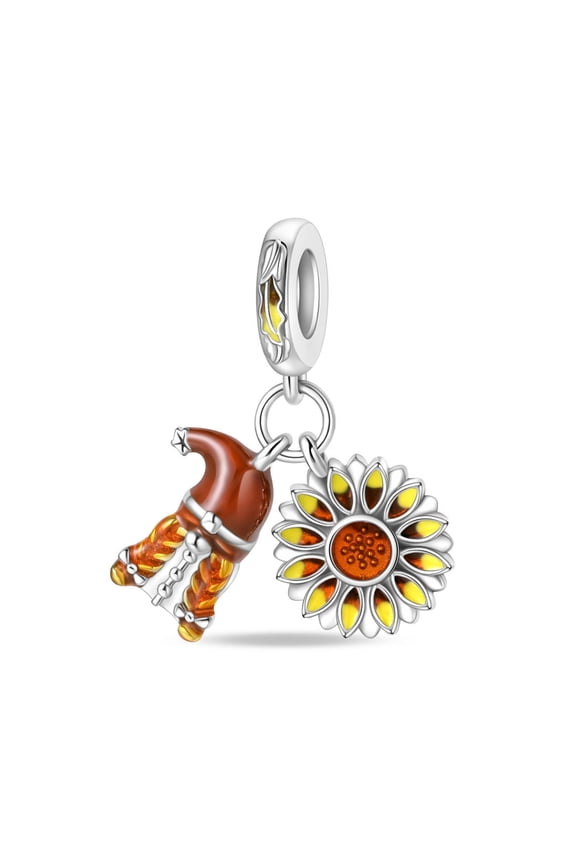925 Sterling Silver Charm for Bracelets Autumn Animal Maple Leaf Bee Fruit Pumpkin Bead Pendant Clear Women Bracelet Charms,Harvest Sunflower,Autumn