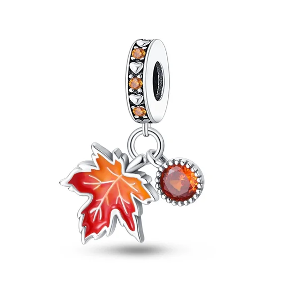 Jeffery 925 Sterling Silver Charm for Bracelets Autumn Animal Maple Leaf Bee Fruit Pumpkin Bead Pendant Clear Women Bracelet Charms,Maple Leaves and Gem,Autumn