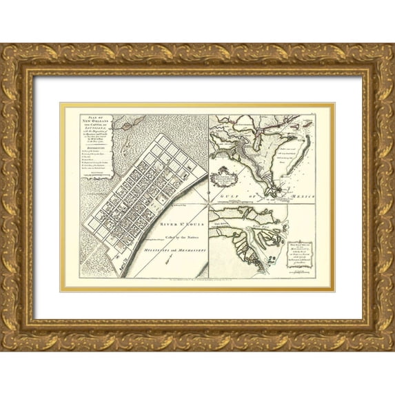 Jefferys 32x23 Gold Ornate Wood Framed with Double Matting Museum Art Print Titled - New Orleans Louisiana - Jefferys 1759