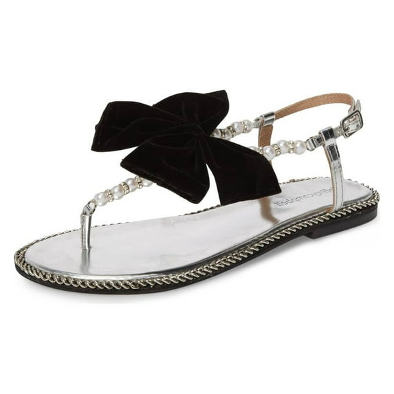 Jeffrey Campbell Adelisa Silver Slim Strap Pearl Crystal Black Bow Thong Sandals (Silver, 10)