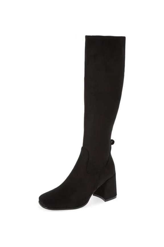 HOTLAVA-K2 Black Suede Block Heel Squared Toe Knee High Boots (Black Suede, 7.5)