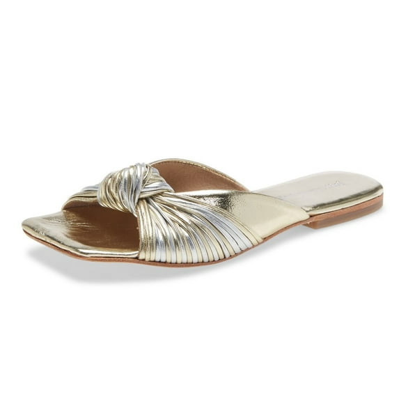 Jeffrey Campbell Knaughty-3 Silver Gold Knotted Slip-On Flat Mule Sandal (Silver Gold, 6)