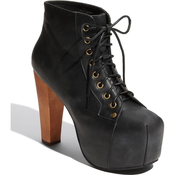 Jeffrey Campbell Lita Black Distressed Leather Wood Heel Platform Lace Up Boot