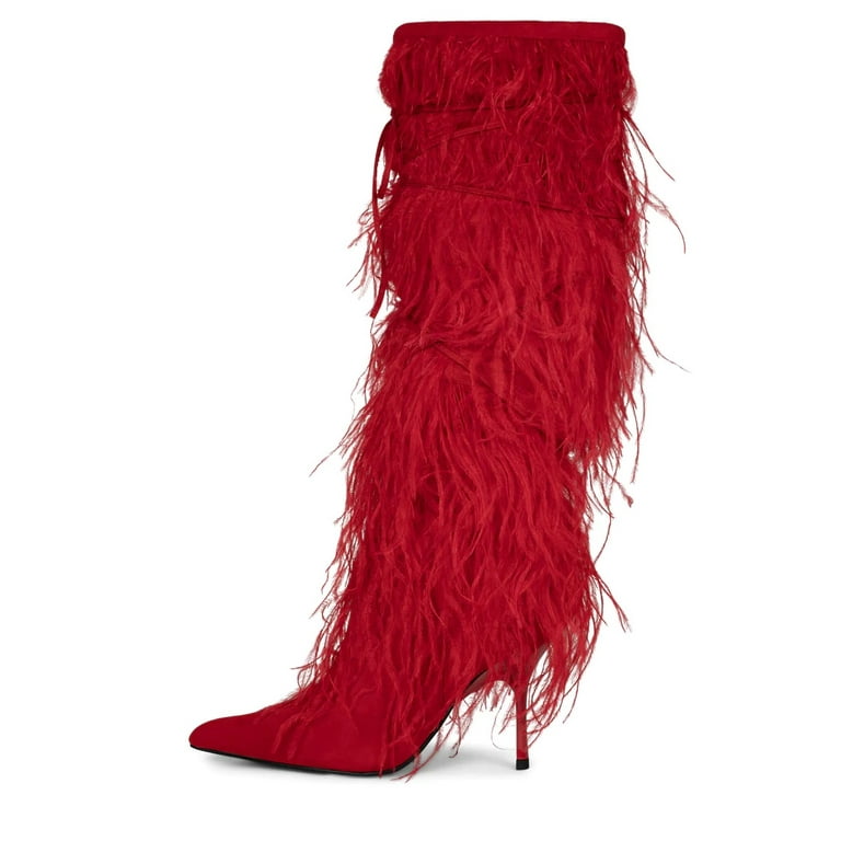 Jeffrey Campbell Shake Ya Red Fringe Pointed Toe Stiletto Heel Knee High Boots Red 7
